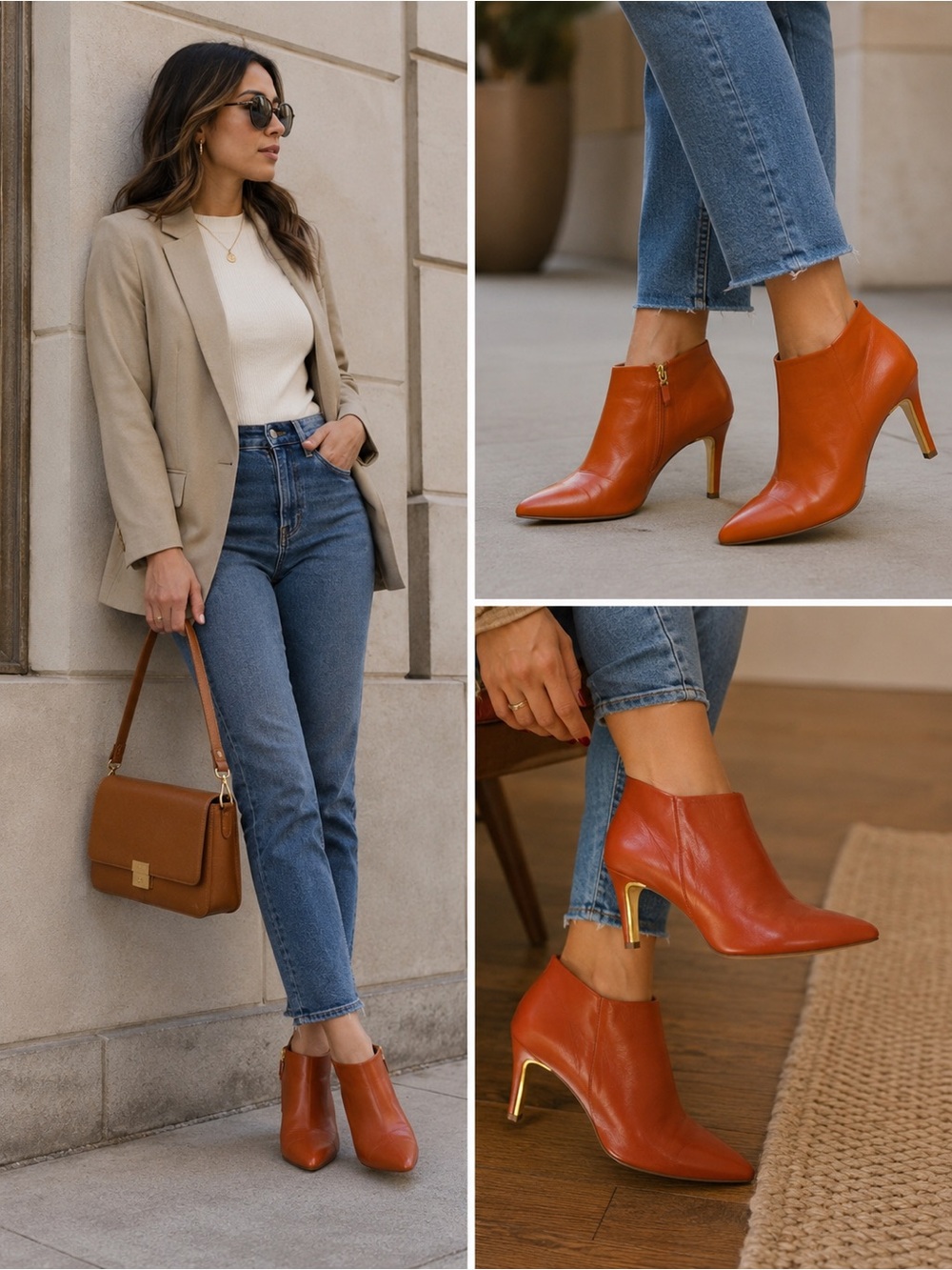 Elegant Tan Leather Ankle Booties with Gold Heel